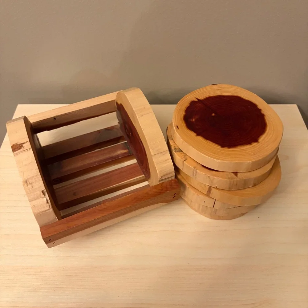 Unique One of a Kind Cedar Wood Coaster Set  Holder Rustic Live Edge‎ Log Slice